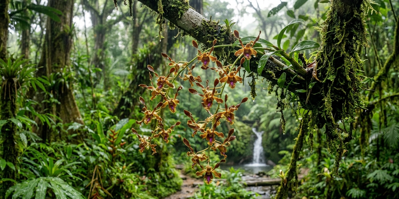 Diverse rainforest plants including orchids, lianas and medicinal species