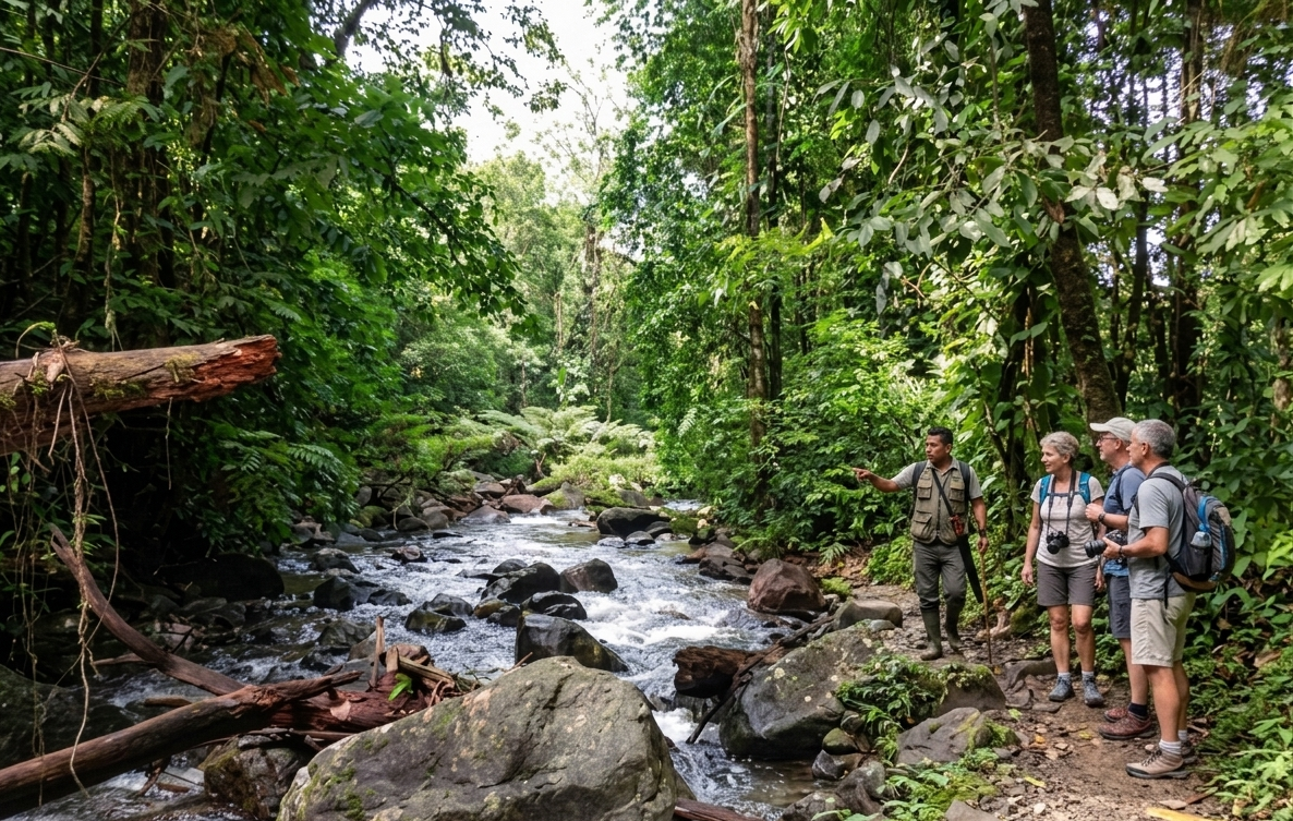 Hikers on rainforest trail